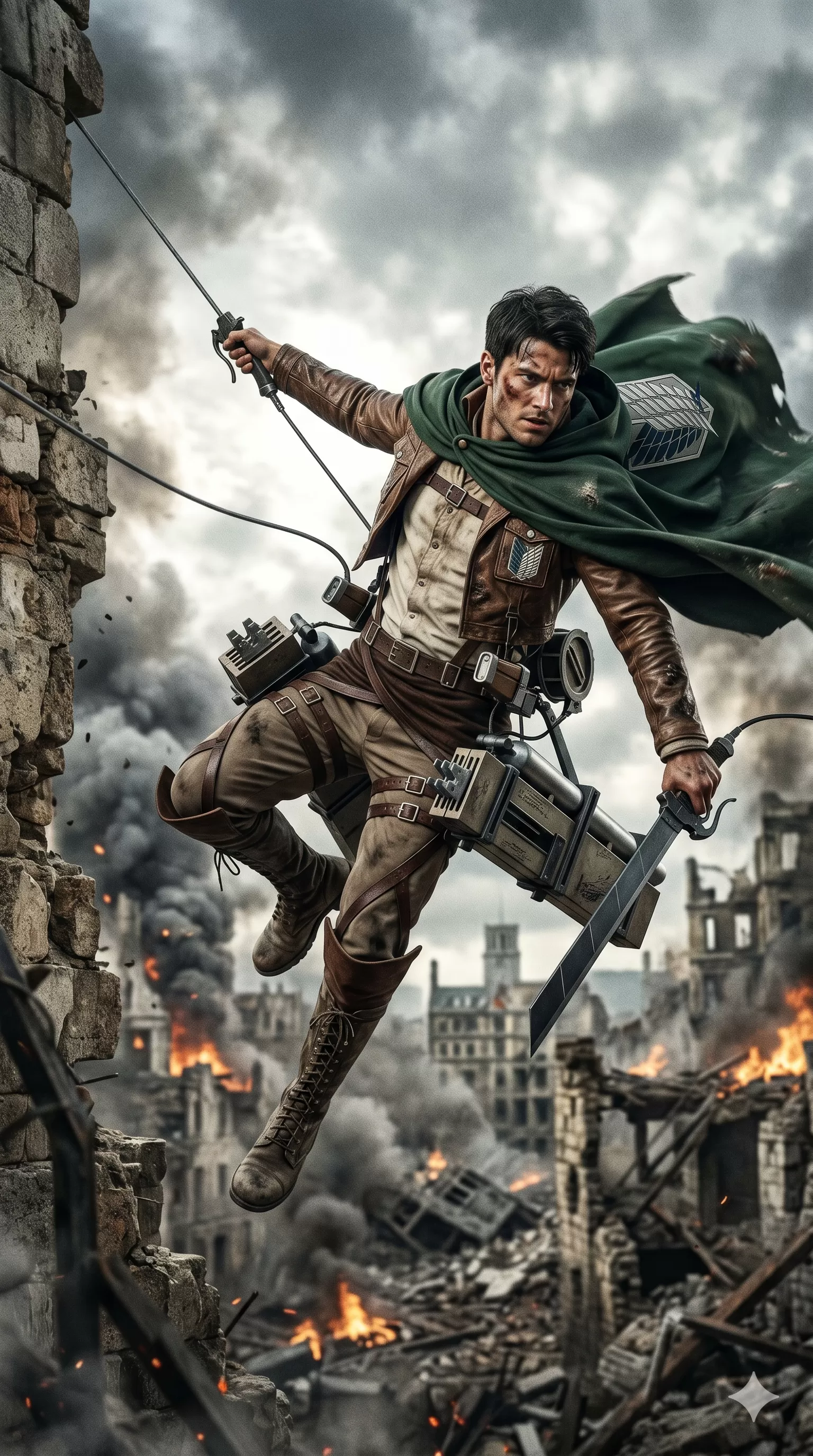 Soldier in Mid Air Battle Scene